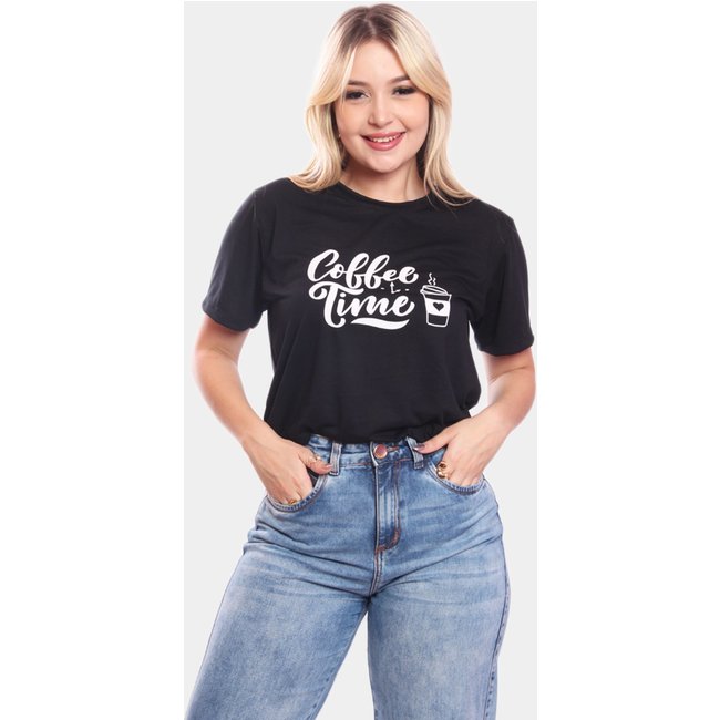 Tshirt Blusa Feminina Coffee Time Estampada Manga Curta Camiseta Camisa Preto