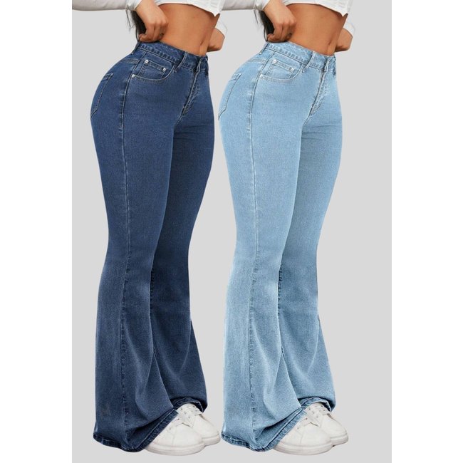 Kit 2 Calças Jeans Flare Feminina Lavagem Escura e Lavagem Clara Cintura Alta e Modelagem Perfeita