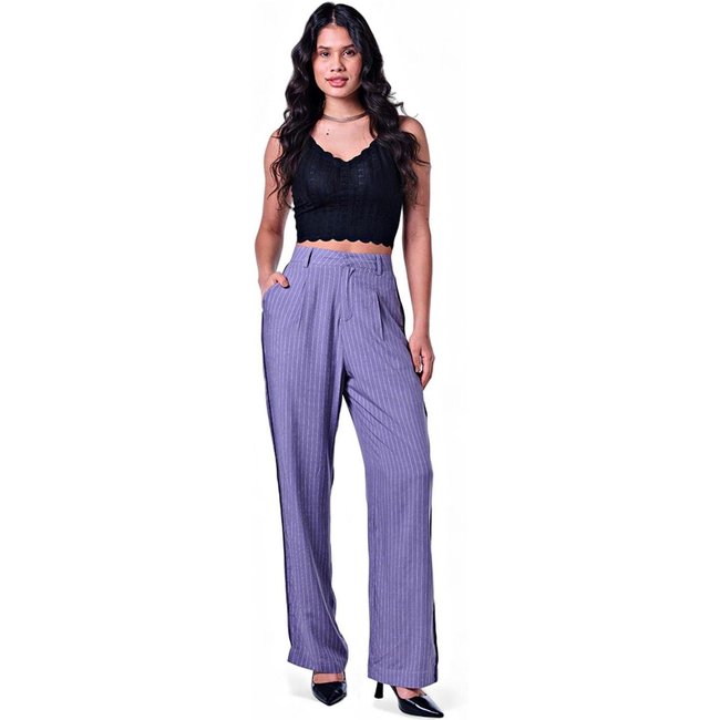 Calça Feminina Listrada Viscose Cinza Claro Incolor