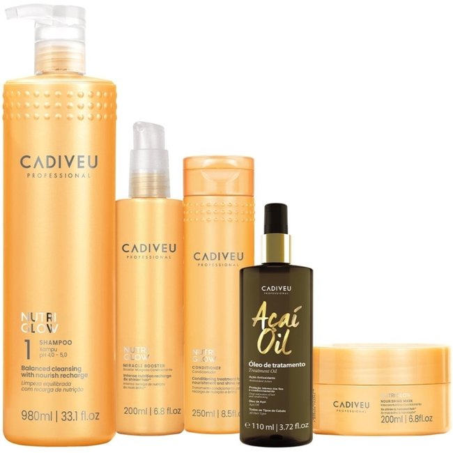 Kit Cadiveu Professional Nutri Glow Shampoo Condicionador Máscara Booster e Açaí Oil 110 (5 produtos)