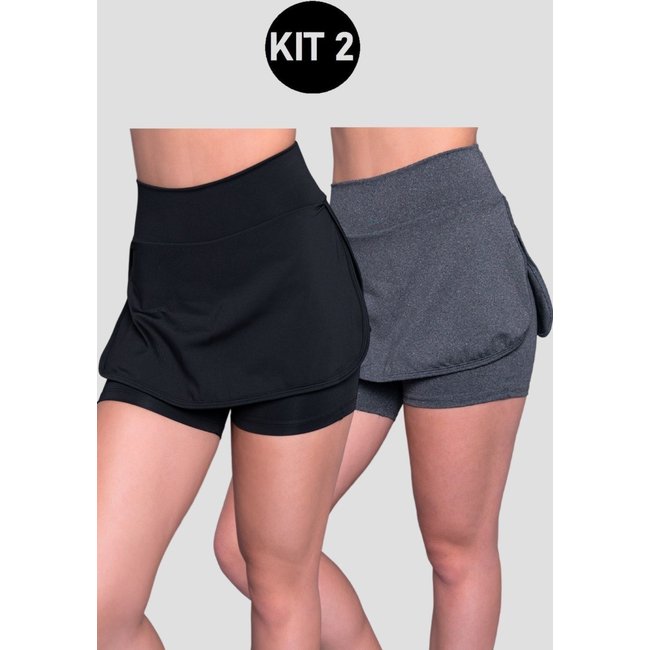 Kit 2 Shorts Saia 4 Estações Fitness Feminino Liso Tapa Bumbum Cintura Alta Cinza/Preto