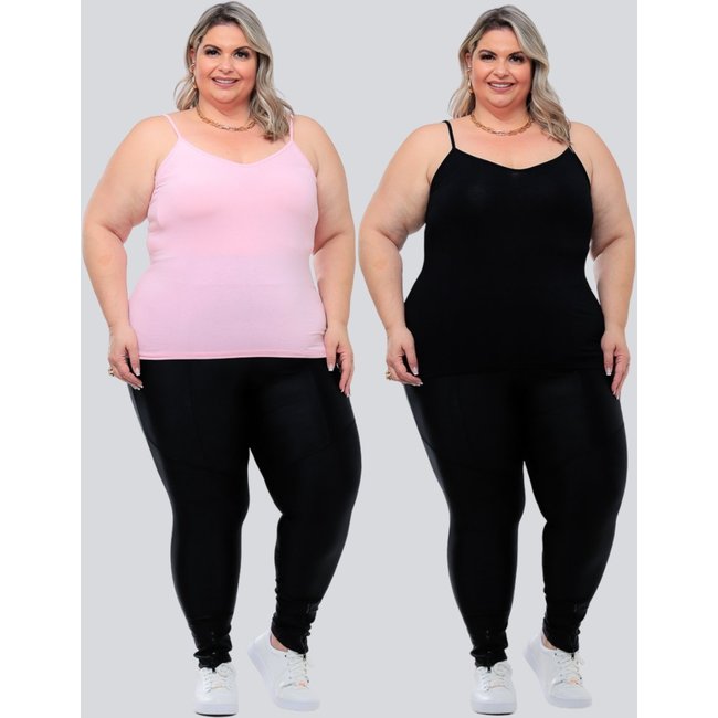 Kit 2 Peças Regata Plus Size Feminina Básica GARAIS MODA Alcinha Fina Leve estilo Casual moda Verão Blogueira Preto Rosa