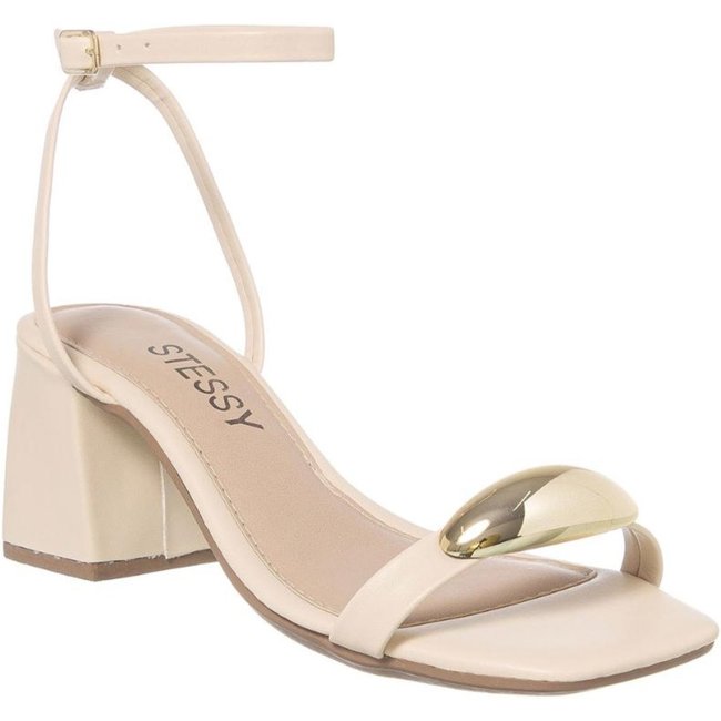 Sandália Feminina Casual Enfeite Metalizado Salto Baixo Moda Off White