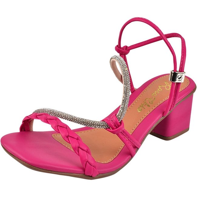Sandália Feminina Salto Baixo 5cm Bloco Strass Brilho Bico Quadrado