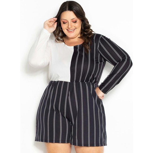 Macaquinho Plus Size Listras E Off White Marguerite