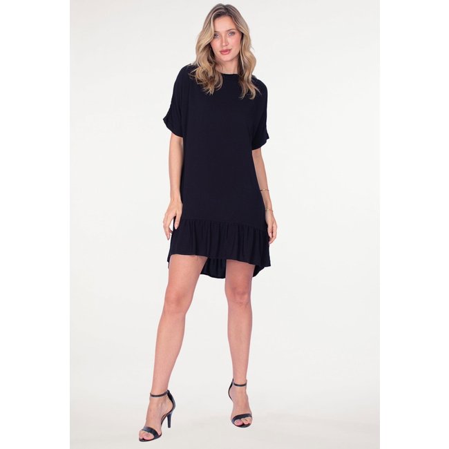Vestido Curto Amazonia Vital Viscose Mullet Amplo Gola Canoa Babado Preto