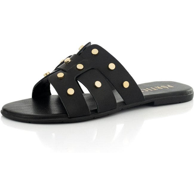 Sandália Feminina Rasteira Flat Metal Enfeite Brilho Preto