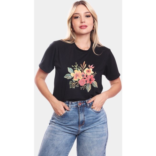 Tshirt Blusa Feminina Ramo de Flores Estampada Manga Curta Camiseta Camisa Preto