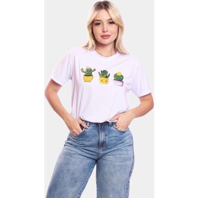 Tshirt Blusa Feminina Cactos Estampada Manga Curta Camiseta Camisa Branco