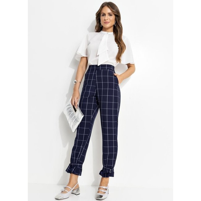 Calça Em Tecido De Alfaiataria Xadrez Grid Azul Quintess