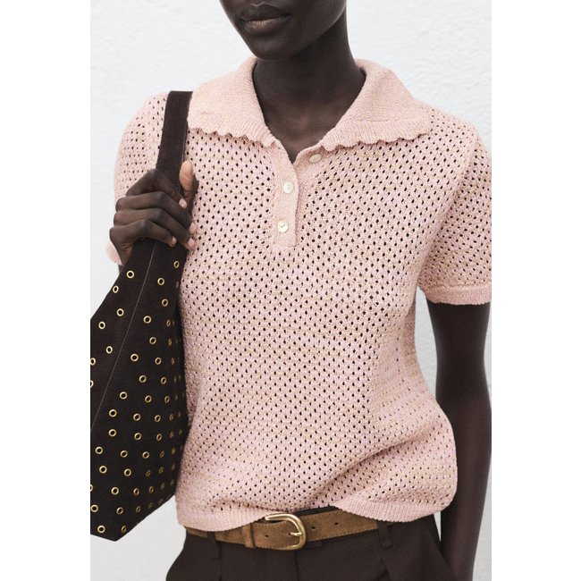 Camisa Polo Feminina Mango Tricot Vazado Rosa