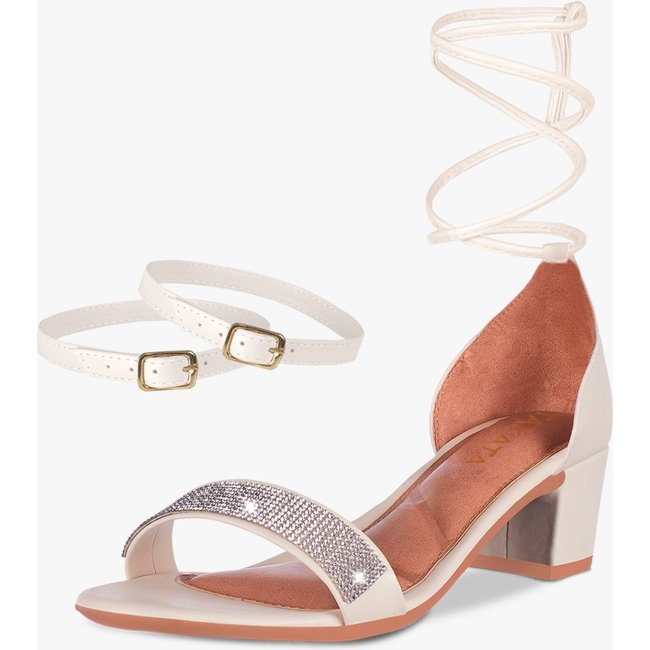 Sandália Feminina Tira Salto Quadrado Bloco Baixo Manta Strass Off White