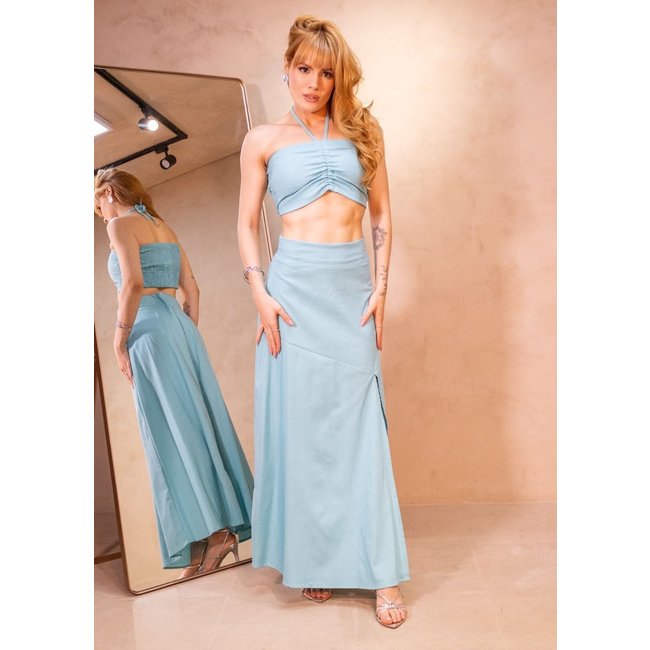 Conjunto Cropped e Saia Longa Amarração com Fenda Dérika Cia do Vestido Azul