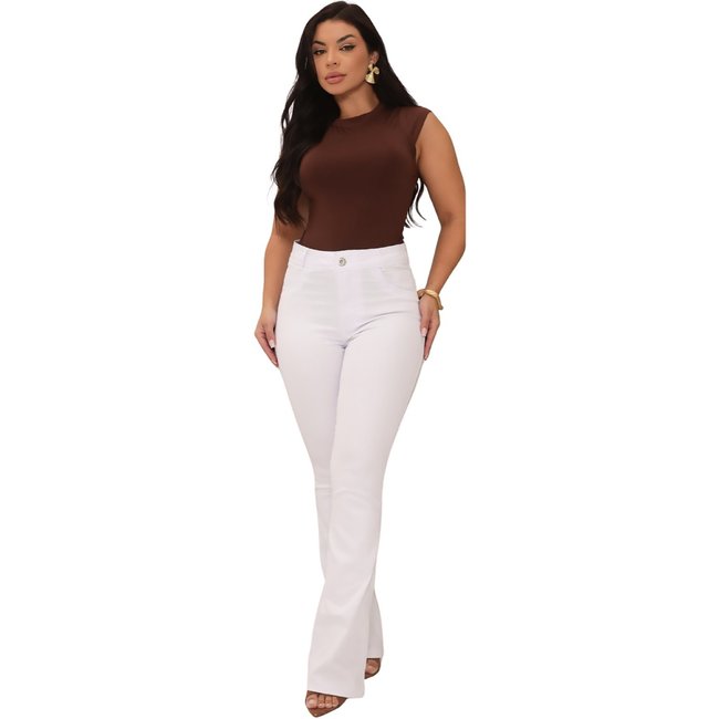 Calça Jeans Feminino Branca Flare Cintura Alta