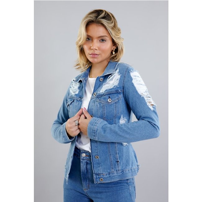 Jaqueta Jeans Destroyer Lavagem Clara Feminina Dialogo Azul