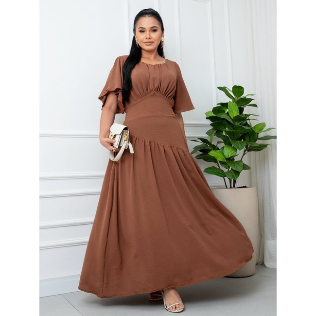Vestido Longo Marsala Manga Fluida Decote Quadrado - Elegância e Conforto Marrom