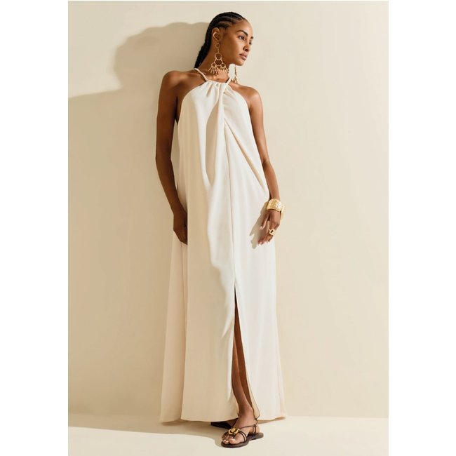 Vestido Morena Rosa Ajustado Decote V Sem Manga Midi Bege
