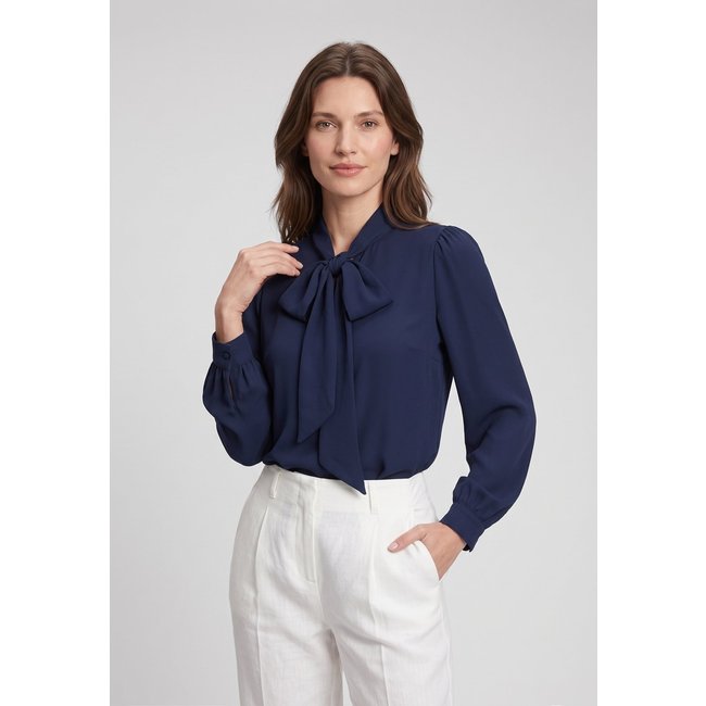 Blusa Intens Manga Longa Crepe Laço Azul
