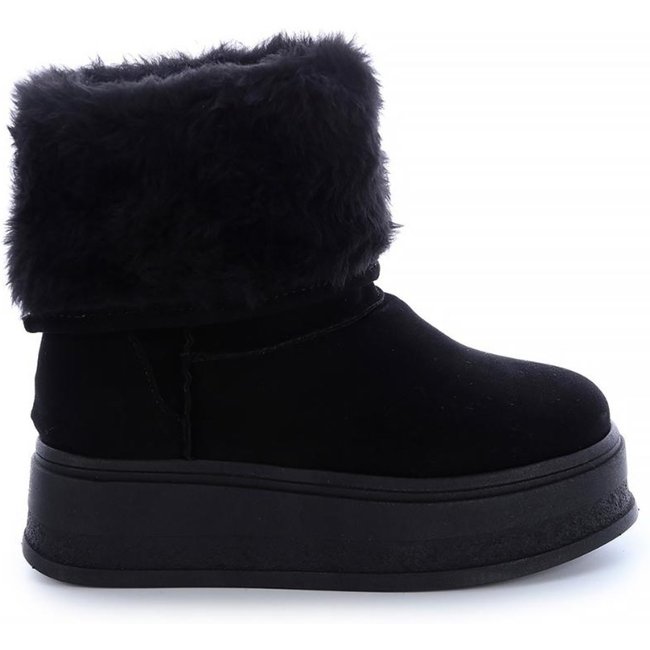 Bota de Pelos Damannu Shoes Forrada Salto Plataforma Cano Médio Preto