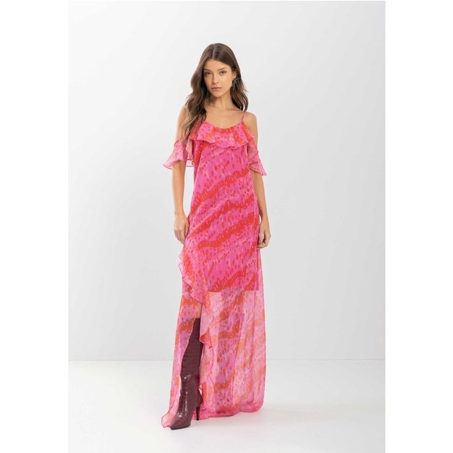 Vestido Longo De Alças Com Babados E Transparência