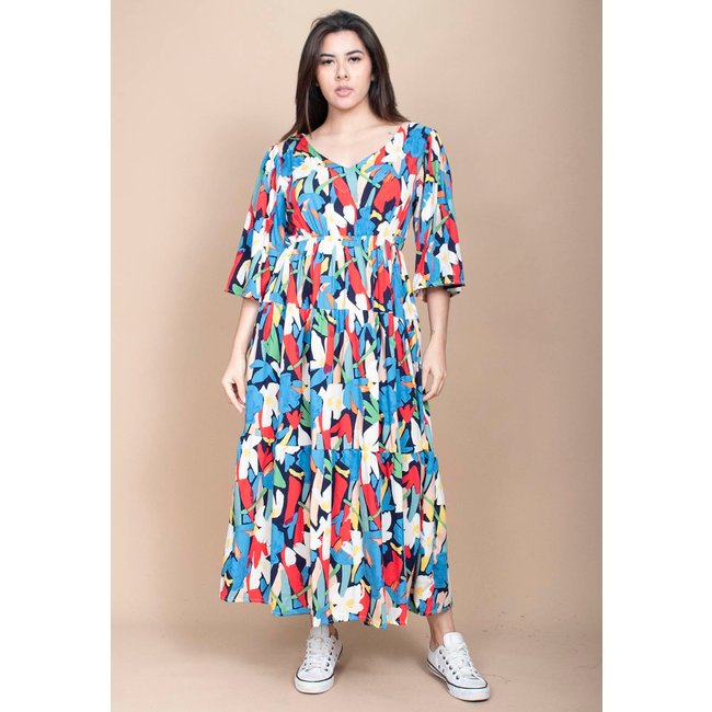 Vestido Longo Cabanafree Plano com Manga e Camadas Estampa Floresce