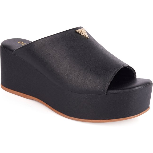 Tamanco Feminino Anabela Flatform Plataforma Detalhe Dourado Confortável Original Olzzy Preto