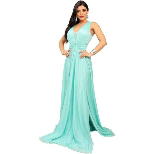 Vestido Longo de Festa Madrinhas Decote em V Micro tule com Brilho Felicia Verde Menta
