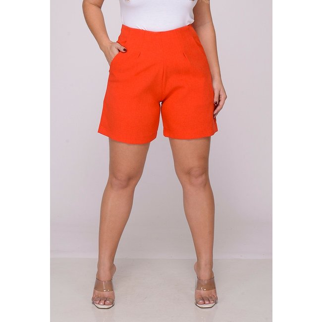 Shorts Alfaiataria Feminino Cintura Alta Tipo Linho Laranja