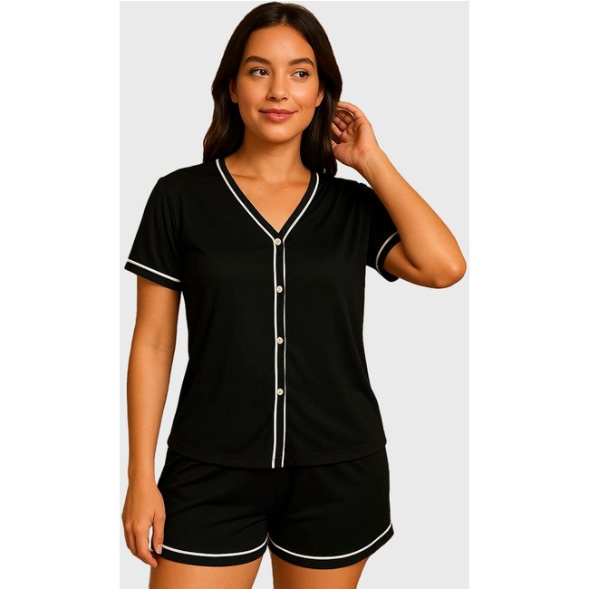 Pijama Gabi Lingerie Blogueira Manga Curta Conjunto Feminino Americano Conforto para Dormir Preto