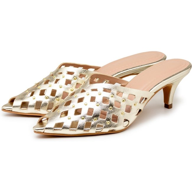 Tamanco Mule Feminino Bico Fino Salto Baixo 6034 Ouro Light