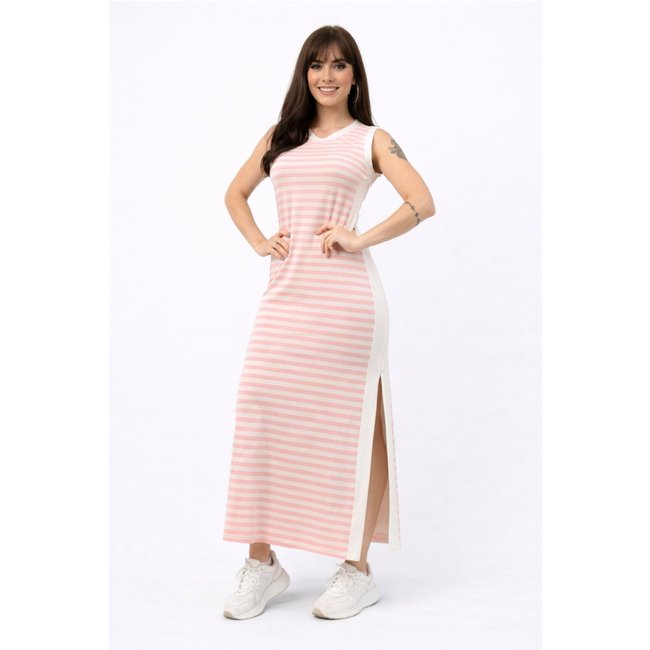Vestido Longo D Bell Outlet Fashion Fenda Listrado Rosa
