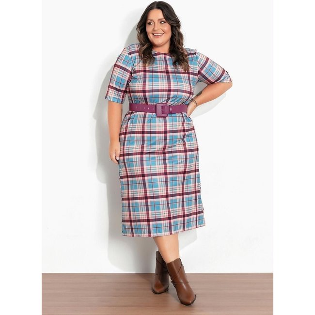Vestido Com Fenda Plus Size Xadrez Marrom Marguerite