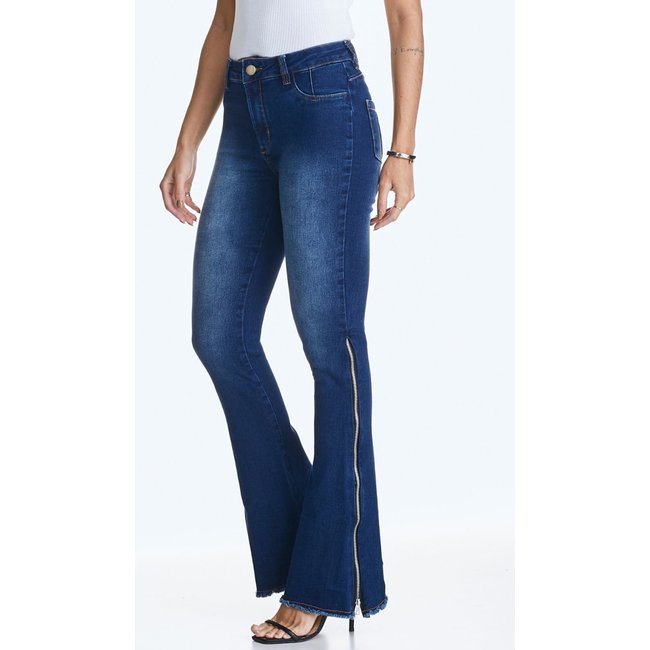 Calça Jeans HNO Jeans Flare Detalhe em Zíper Azul Escuro