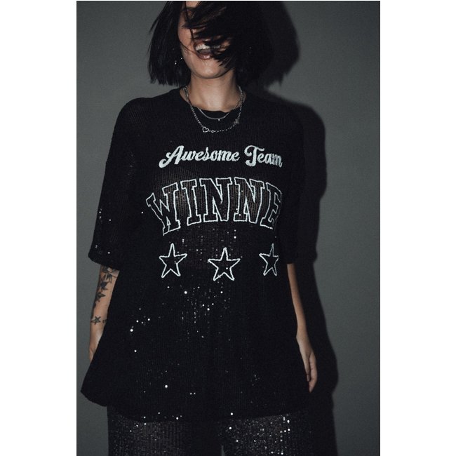 Camiseta T-Shirt Oversized De Paetê Preto Winner marinaegabriella