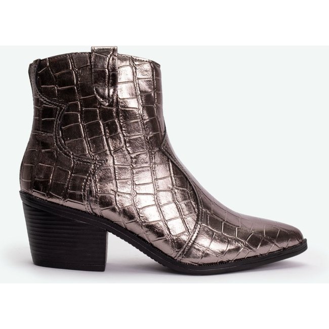 Bota Western Country Bico Fino Com Zíper Salto Grosso Cano Curto Croco Metalizado