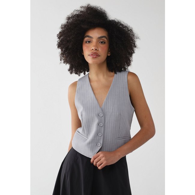 Colete Feminino Mango Alfaiataria Risca de Giz Cinza