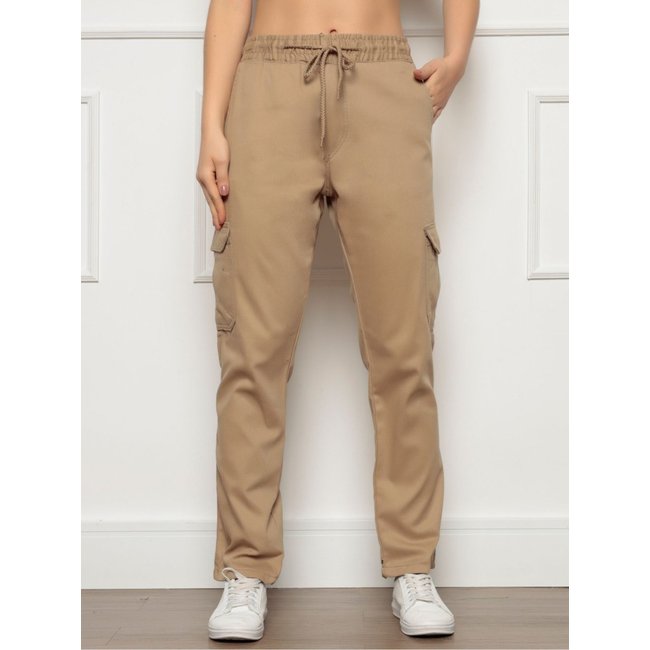 Calça Jogger Sarja Cargo Feminina Bege