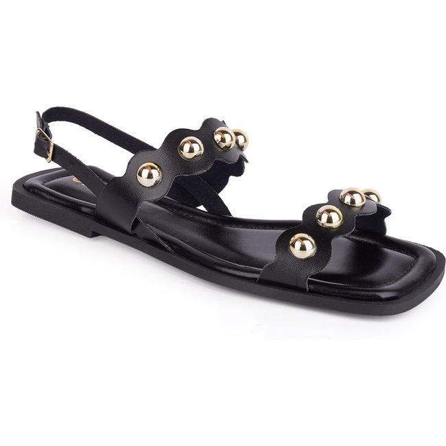 Sandália Rasteira Feminina Detalhe Cravos Dourados Moderno Casual Confortável Tendência Verão Olzzy Preto
