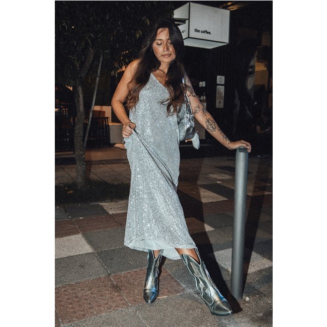 Vestido Slip Dress Midi De Paetê Prata Milão marinaegabriella