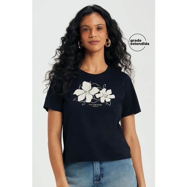 T-Shirt Feminina Floral Regular Marialícia Preto