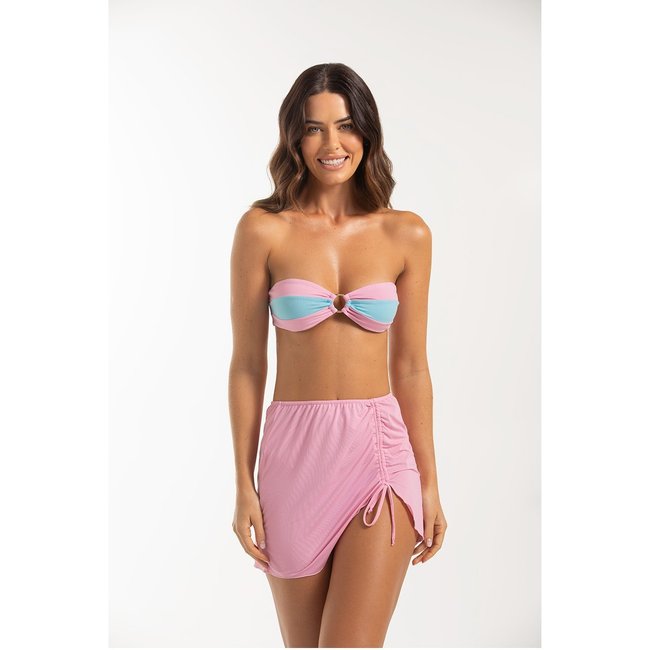 Saia Curta Praia Rosa Claro com Franzido e Ajuste Frontal.