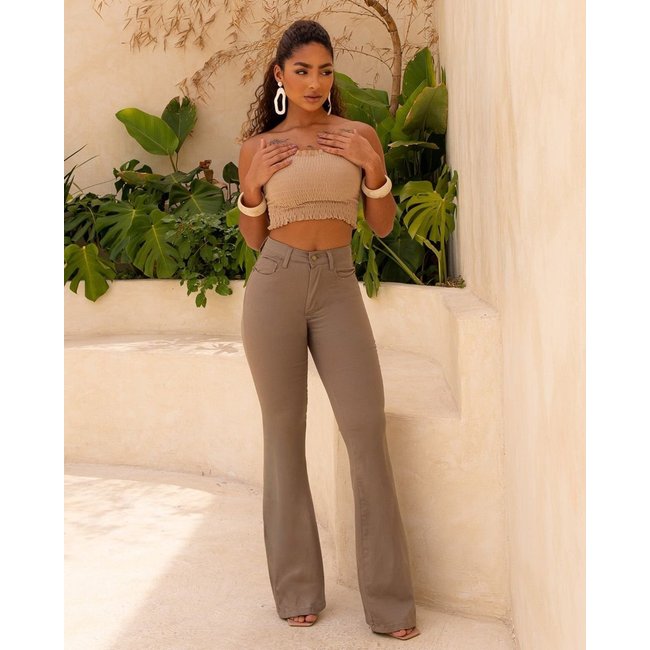 Calça Sarja Feminina Flare Cintura Alta 25098 Caqui Consciência