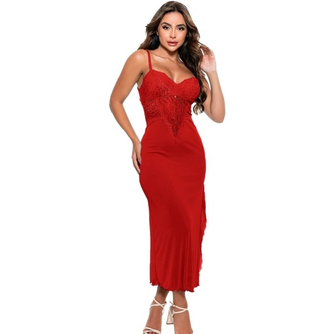 Camisola Longa Gabi Lingerie Rendada Sensual Sem Bojo Pijama Microfibra Vermelho