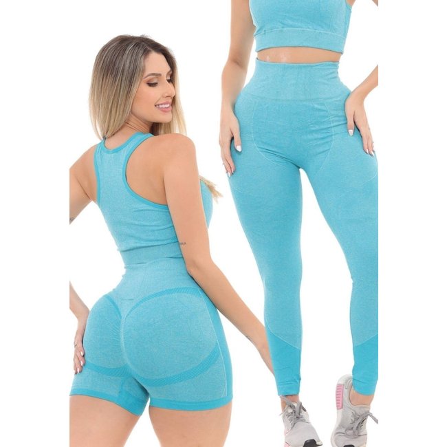 Kit Fitness Shorts, Top e Calça GARAIS MODA Modeladora Azul Efeito Levanta Bumbum