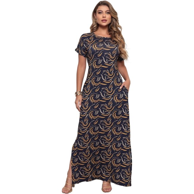 Vestido Longo Loose Dellamarca Viscolycra Estampado Confortável Azul