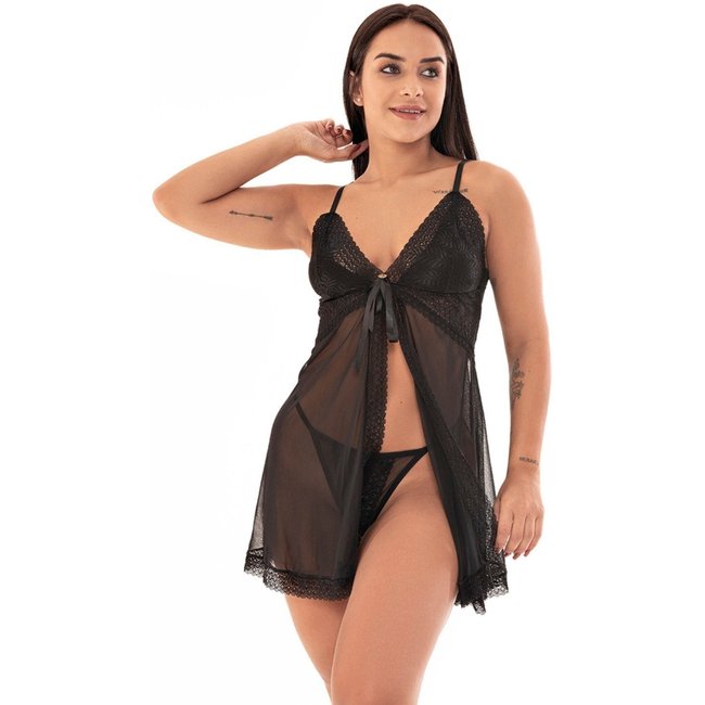 Camisola IMI Lingerie Aberta Fenda Tule Renda Calcinha Fio Dental Louise Preta Preto