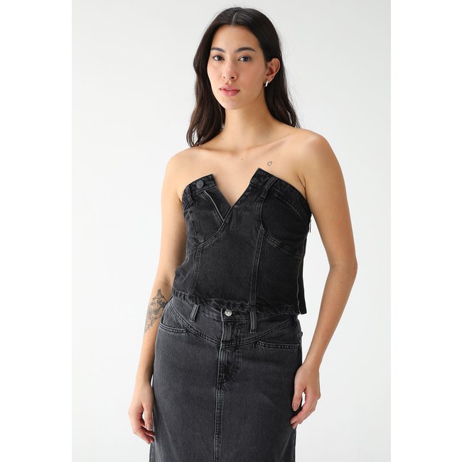 Blusa Cropped Jeans Colcci Ajustada Recortes Preta