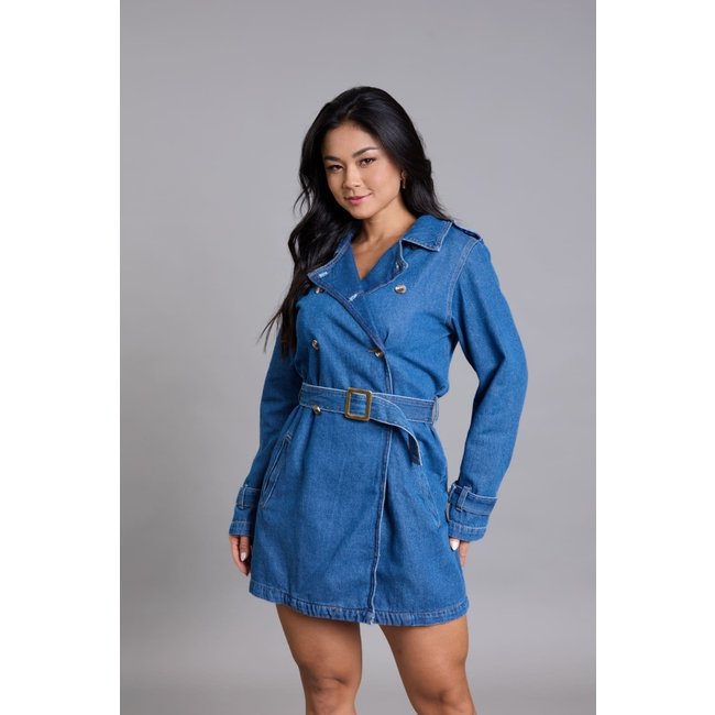 Jaqueta Trench Coat Jeans Feminina Com Cinto Dialogo Jeans Azul