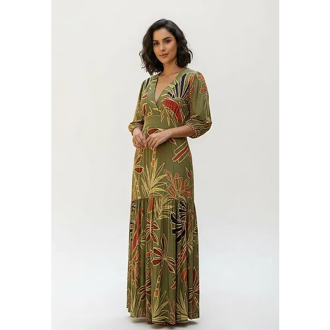 Vestido CabanaFree Longo Selva Nobre Manga 3/4 Estampa Folhas da Terra