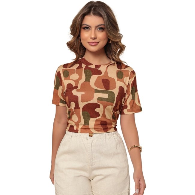 Blusa Manga Curta Dellamarca Fashion Print Formas Laranja